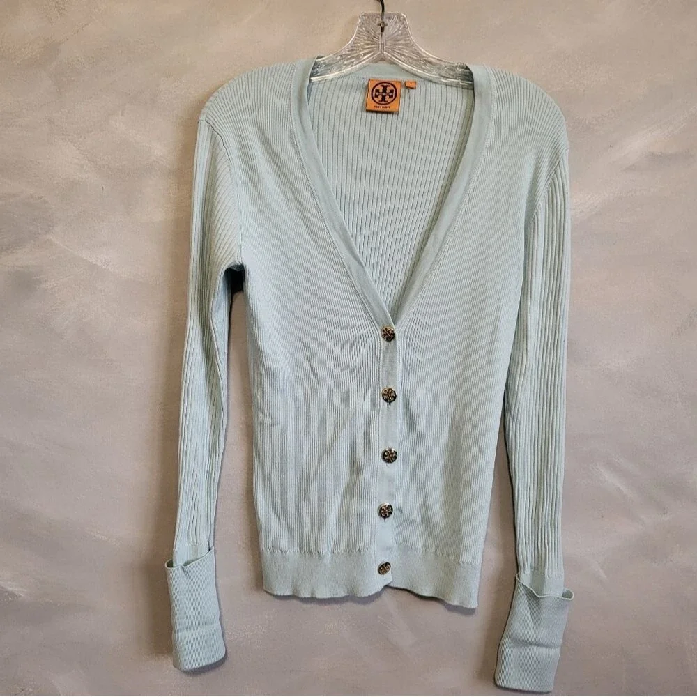 Tory Burch Simone Ribbed Button Down Cardigan Blue Gold Cotton Sz S